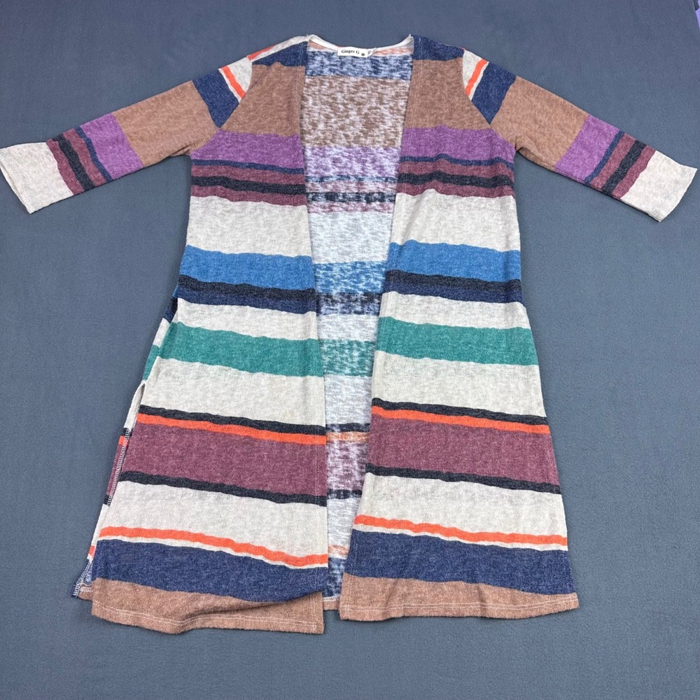 Ginger G Womens Multi Color Striped Open Front Longline Cardigan Duster Size M